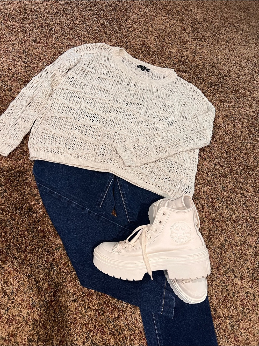 ivory open-knit crewneck sweater from the brand POL small